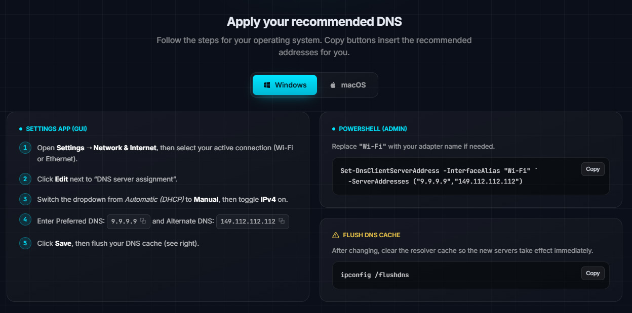 Apply your recommended DNS panel: numbered Windows Settings app steps, a PowerShell Set-DnsClientServerAddress command with copy button, and an ipconfig /flushdns cache-flush command.