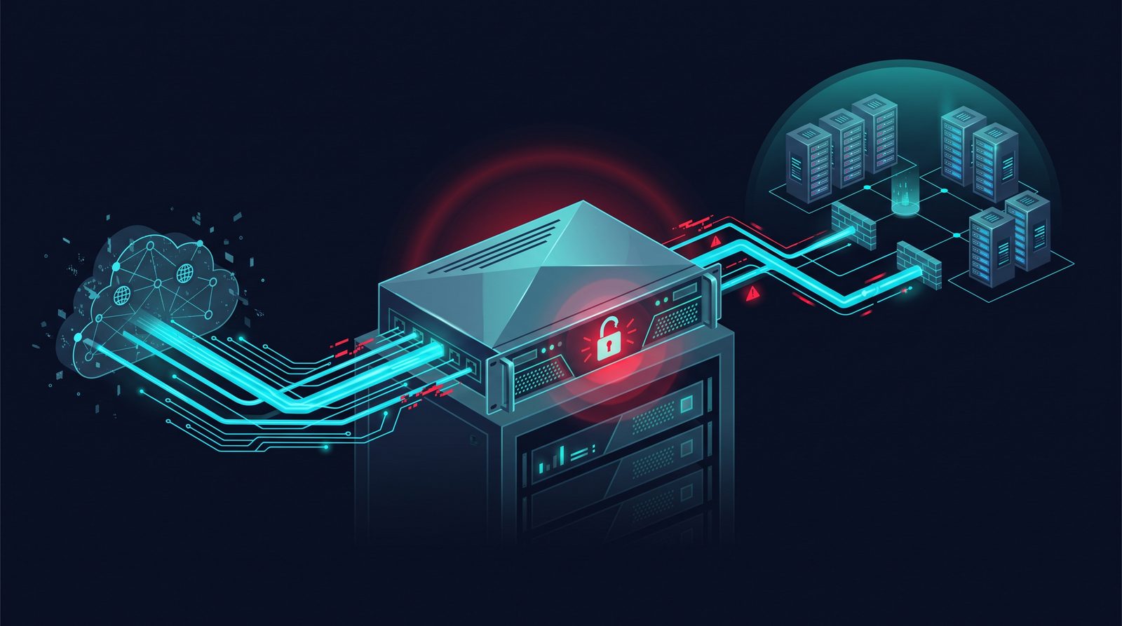 Cybersecurity news illustration showing a compromised enterprise VPN gateway appliance at the network edge, with cyan data pathways flowing from the public internet through the gateway into protected internal server infrastructure