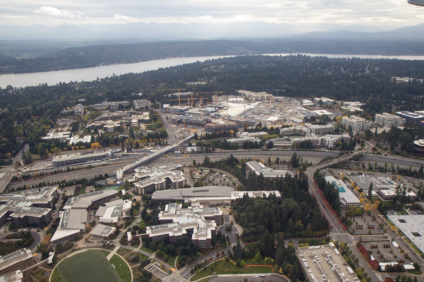 Aerial view of the Microsoft Redmond campus under redevelopment, representing the scale of enterprise server infrastructure covered by the record October 2026 security update