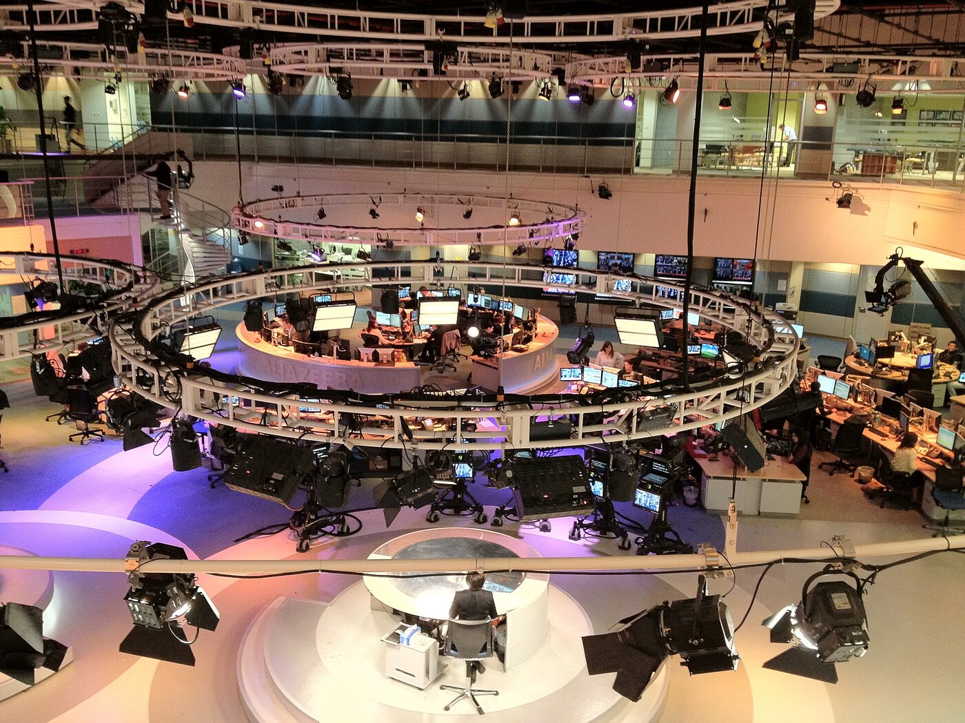 Al Jazeera English newsroom and studio in Doha, the kind of media network targeted in this zero-click spyware cybersecurity news investigation