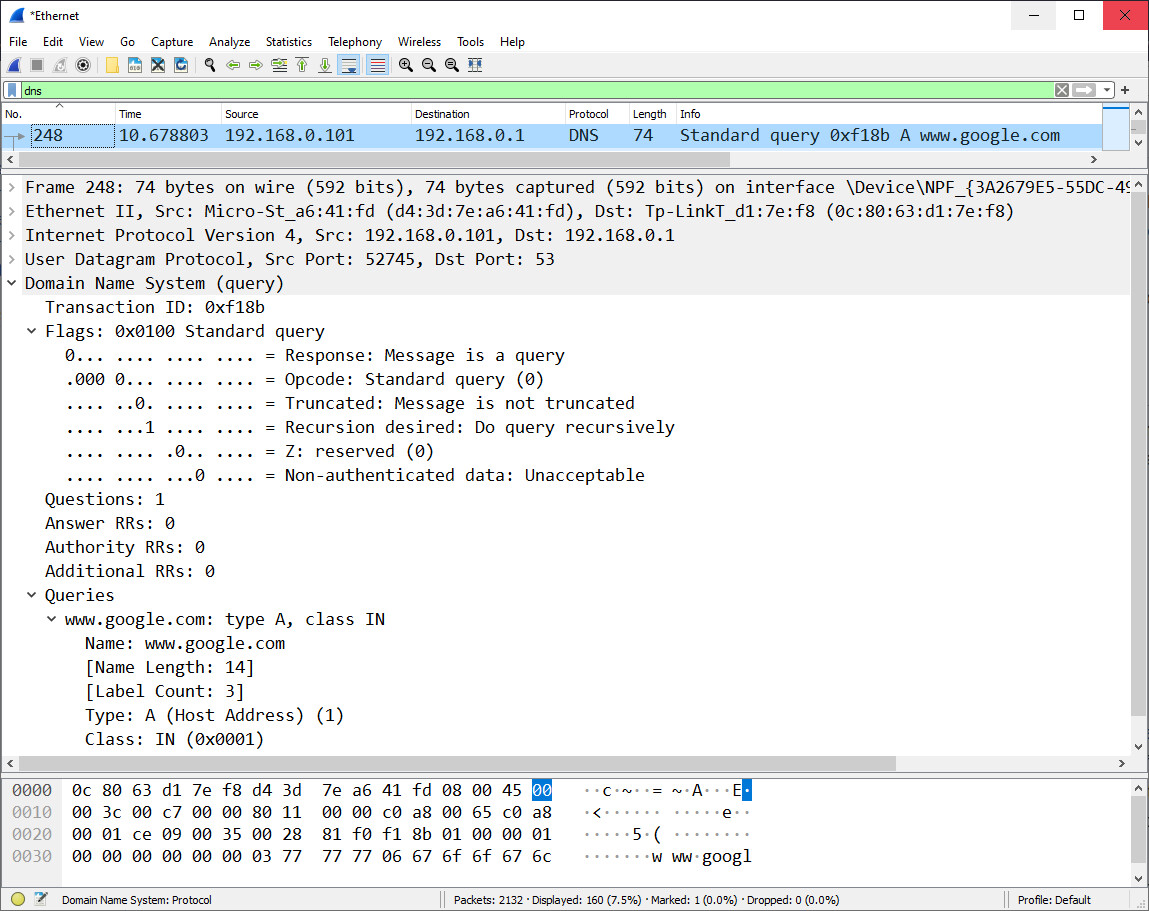 A Wireshark screenshot dissecting a DNS query packet through Ethernet, IP and UDP layers, the same dissector architecture whose HTTP/3 component crashes under the QPACK DNS security flaw